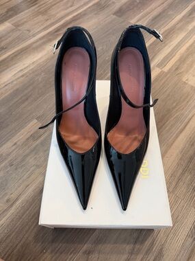 Amina Muaddi Black Patent Leather Pointed Slingback Heels